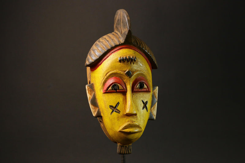 African Baule Mask Hand-Carved Yellow Wood Portrait Brown Hair Wall Decor-G3063