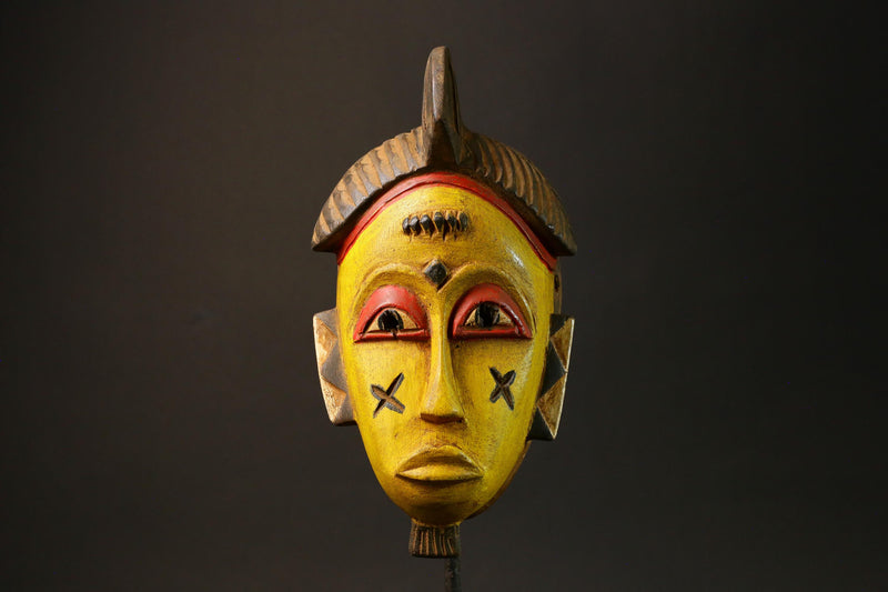 African Baule Mask Hand-Carved Yellow Wood Portrait Brown Hair Wall Decor-G3063