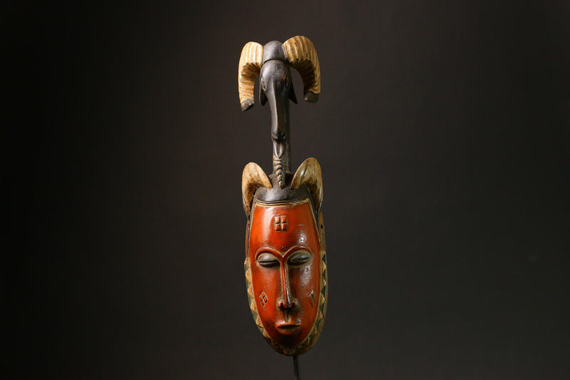 African Mask Orange Wooden Mask Guru Tribe Decor with Elephant Figurine Masks for wall-G3076