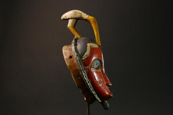 Antique African Red Wooden Mask Baule Tribe Wall Hanging with Bird Masks for wall-G3083