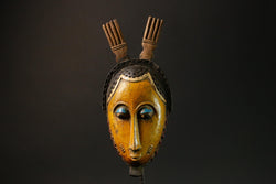 African Baule Antique Yellow African Wooden Mask Tribal Wall Hanging Decor-G3084