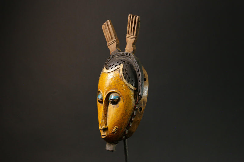 African Baule Antique Yellow African Wooden Mask Tribal Wall Hanging Decor-G3084