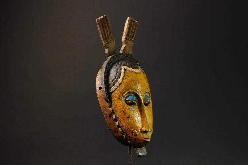 African Baule Antique Yellow African Wooden Mask Tribal Wall Hanging Decor-G3084