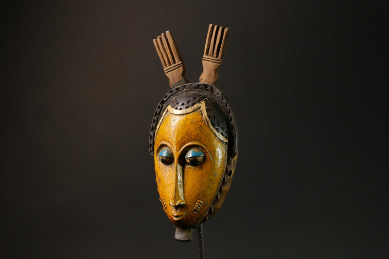 African Baule Antique Yellow African Wooden Mask Tribal Wall Hanging Decor-G3084