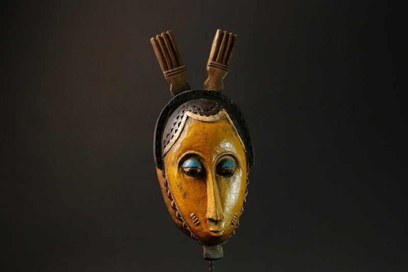 African Baule Antique Yellow African Wooden Mask Tribal Wall Hanging Decor-G3084