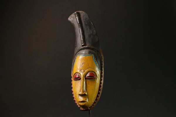 African Baule Antique African Mask Yellow Wooden Wall Hanging Collectible Art-G3086