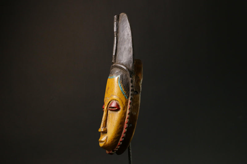 African Baule Antique African Mask Yellow Wooden Wall Hanging Collectible Art-G3086