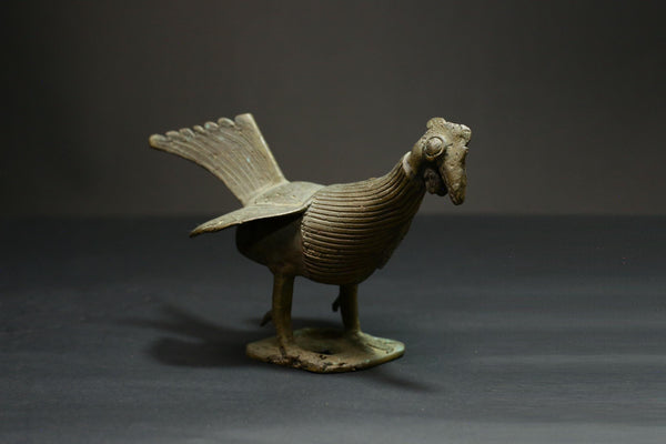 African Bronze Rooster Figure -Authentic Benin Decorative Art Piece Statue Wax Technique-G3102