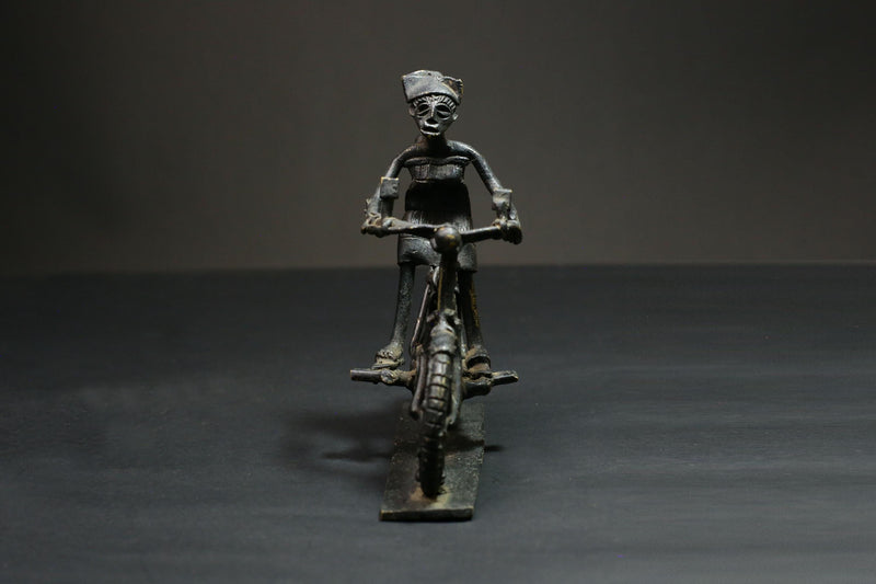 African Bronze Figurine -Kumasi Brass Bicycle Rider Sculpture Statue Wax Technique-G3121