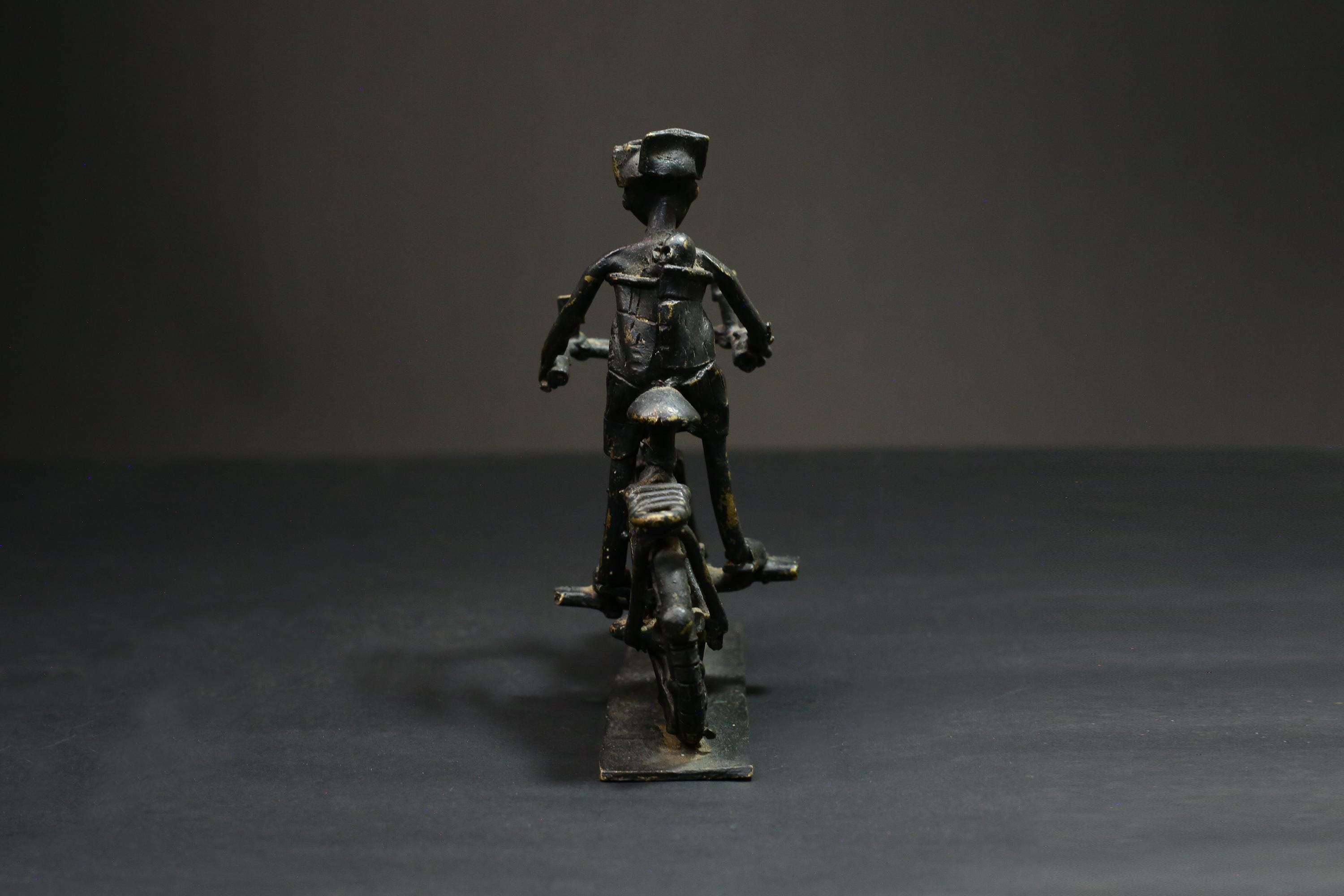 African Bronze Figurine -Kumasi Brass Bicycle Rider Sculpture Statue Wax Technique-G3121