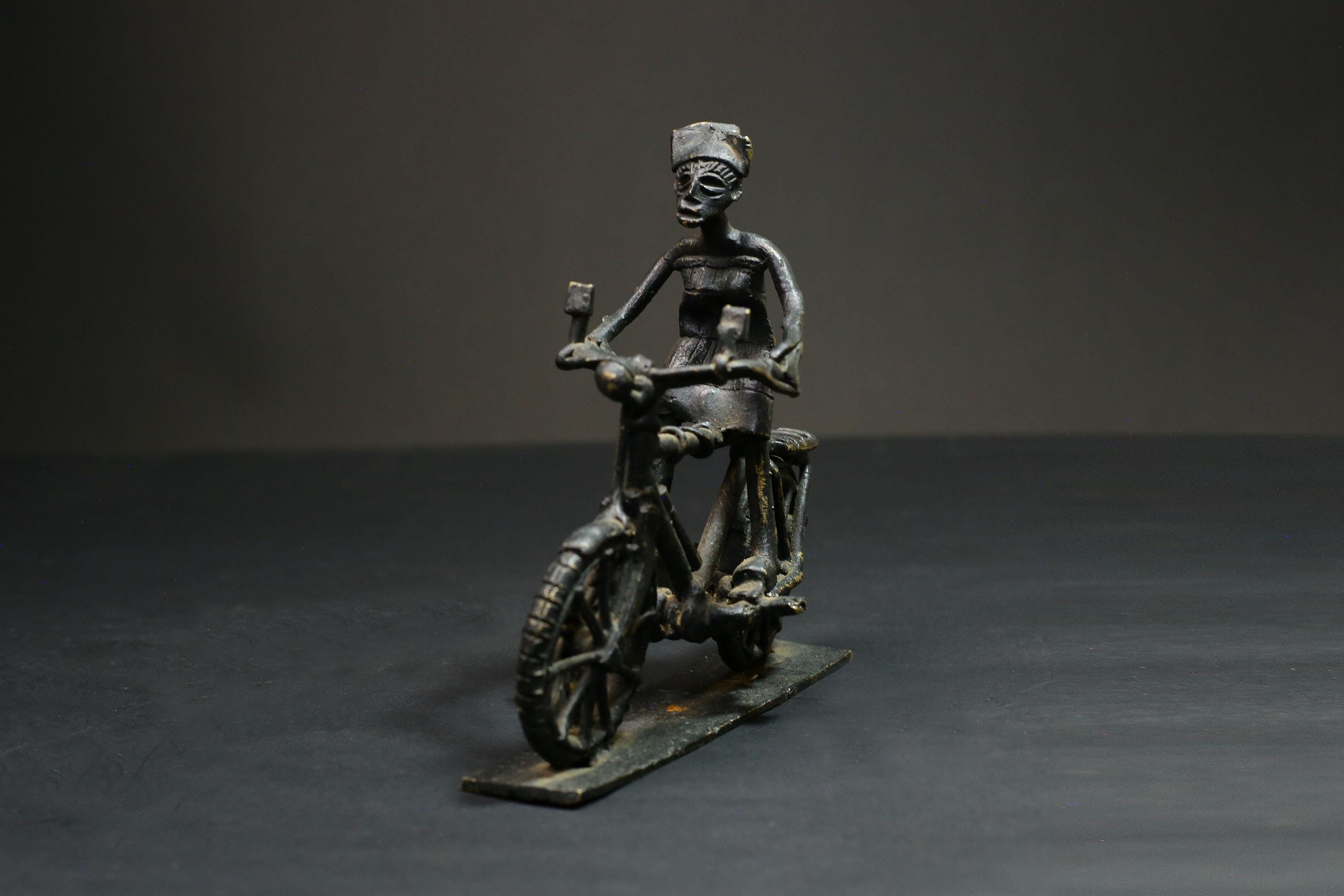 African Bronze Figurine -Kumasi Brass Bicycle Rider Sculpture Statue Wax Technique-G3121