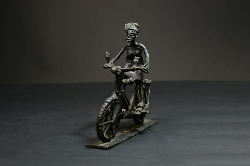 African Bronze Figurine -Kumasi Brass Bicycle Rider Sculpture Statue Wax Technique-G3121