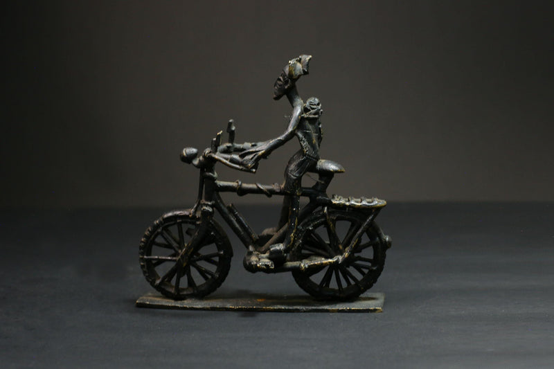 African Bronze Figurine -Kumasi Brass Bicycle Rider Sculpture Statue Wax Technique-G3121