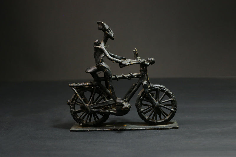 African Bronze Figurine -Kumasi Brass Bicycle Rider Sculpture Statue Wax Technique-G3121