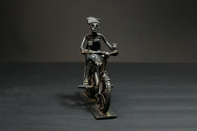 African Bronze Figurine -Kumasi Brass Bicycle Rider Sculpture Statue Wax Technique-G3121