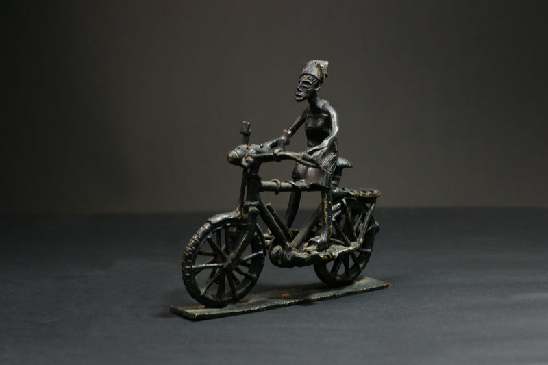 African Bronze Figurine -Kumasi Brass Bicycle Rider Sculpture Statue Wax Technique-G3121