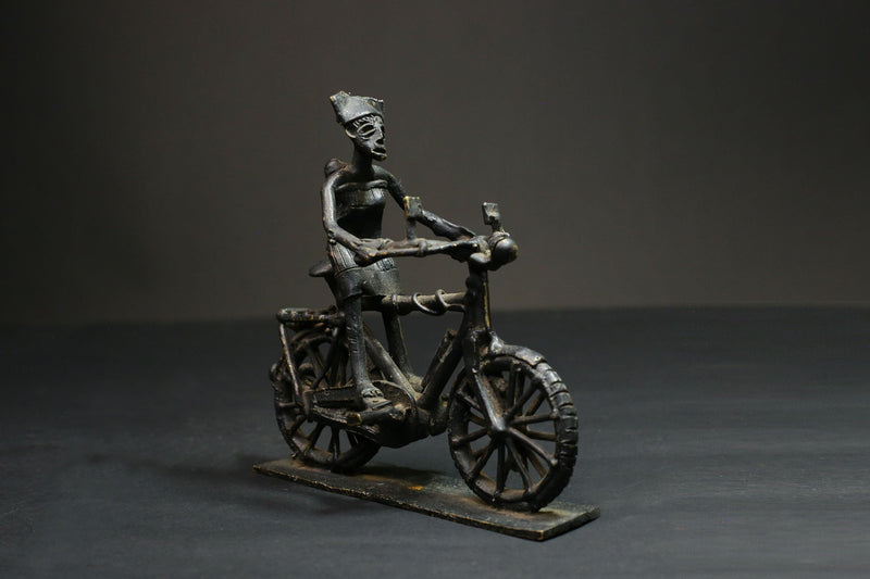 African Bronze Figurine -Kumasi Brass Bicycle Rider Sculpture Statue Wax Technique-G3121