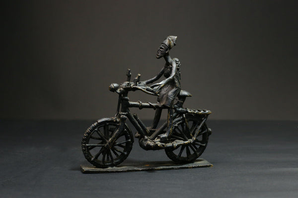 African Bronze Figurine -Kumasi Brass Bicycle Rider Sculpture Statue Wax Technique-G3121