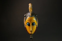 African Antique Yellow Baule Mask - Wall Hanging with Bird on Head Masks for wall-G3095