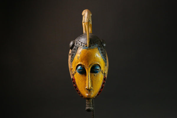 African Antique Yellow Baule Mask - Wall Hanging with Bird on Head Masks for wall-G3095