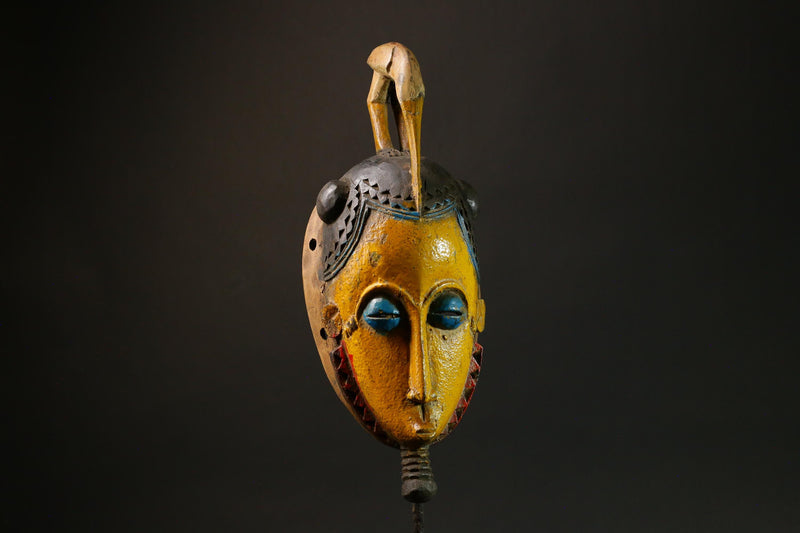 African Antique Yellow Baule Mask - Wall Hanging with Bird on Head Masks for wall-G3095