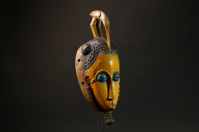 African Antique Yellow Baule Mask - Wall Hanging with Bird on Head Masks for wall-G3095