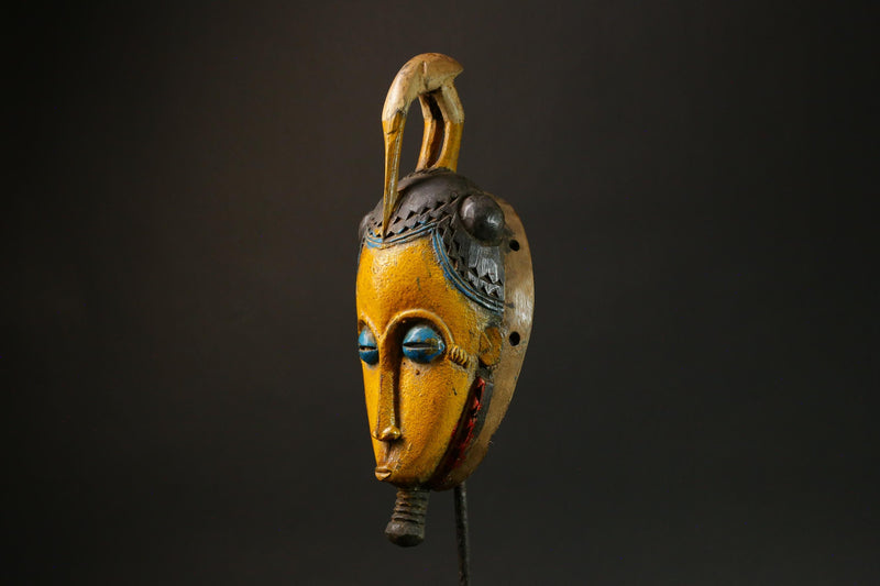 African Antique Yellow Baule Mask - Wall Hanging with Bird on Head Masks for wall-G3095