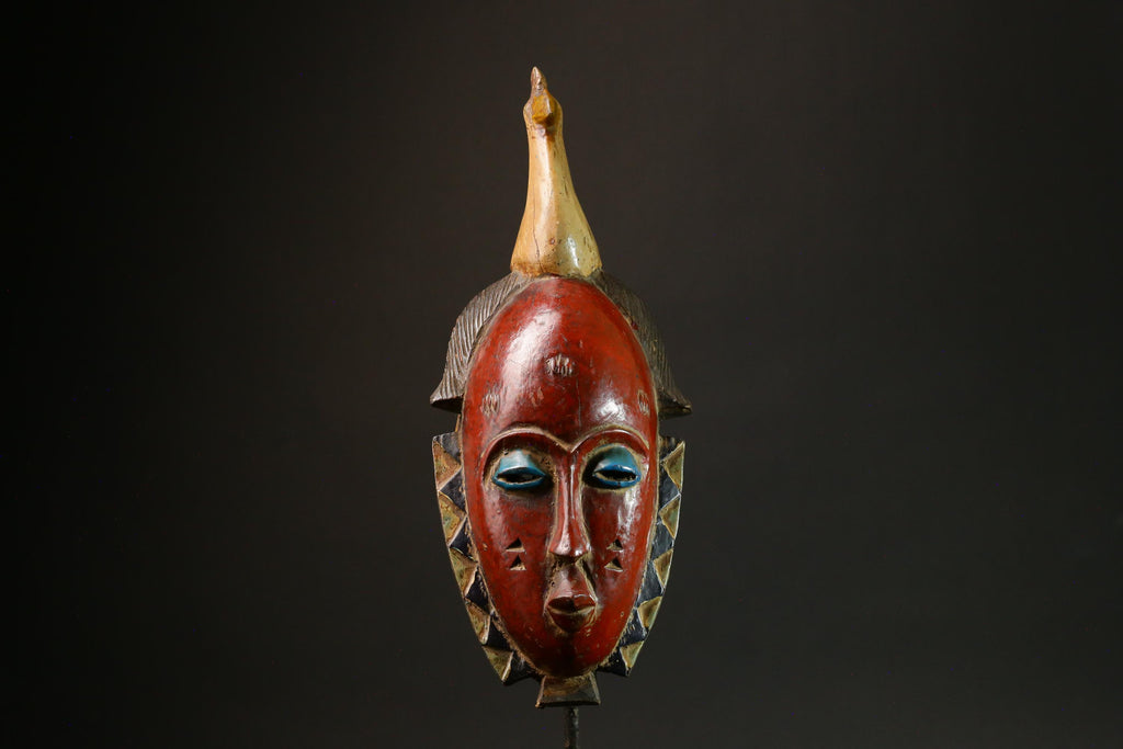 African Antique Red Baule Mask - Wall Hanging with Bird on Head Masks for wall-G3094