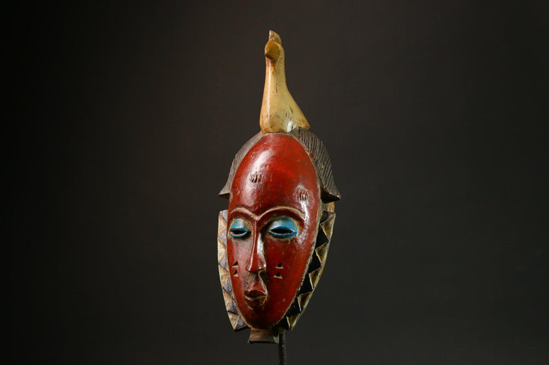 African Antique Red Baule Mask - Wall Hanging with Bird on Head Masks for wall-G3094