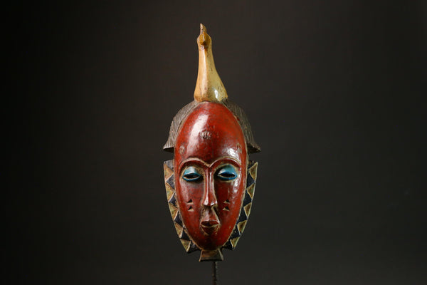 African Antique Red Baule Mask - Wall Hanging with Bird on Head Masks for wall-G3094