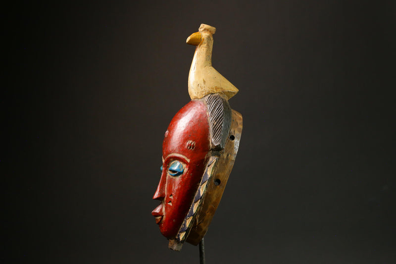 African Antique Red Baule Mask - Wall Hanging with Bird on Head Masks for wall-G3094