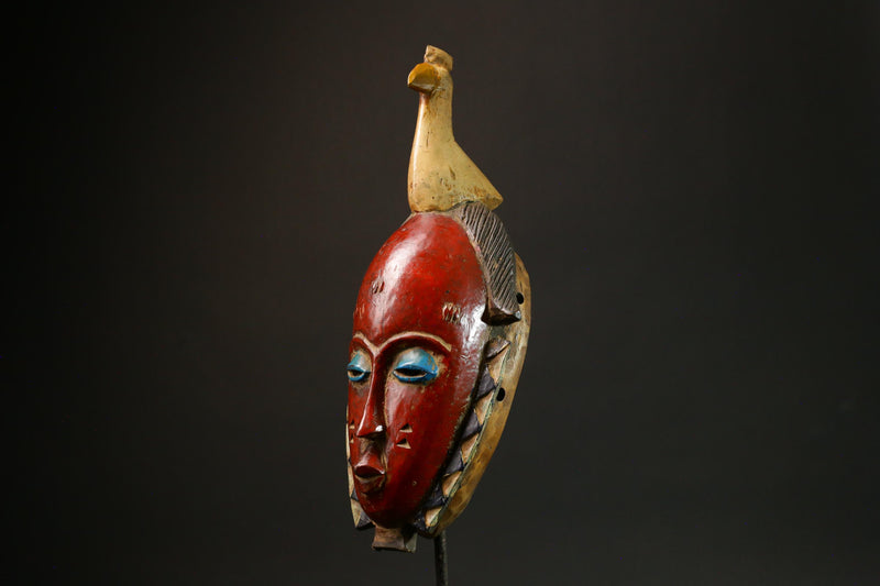 African Antique Red Baule Mask - Wall Hanging with Bird on Head Masks for wall-G3094