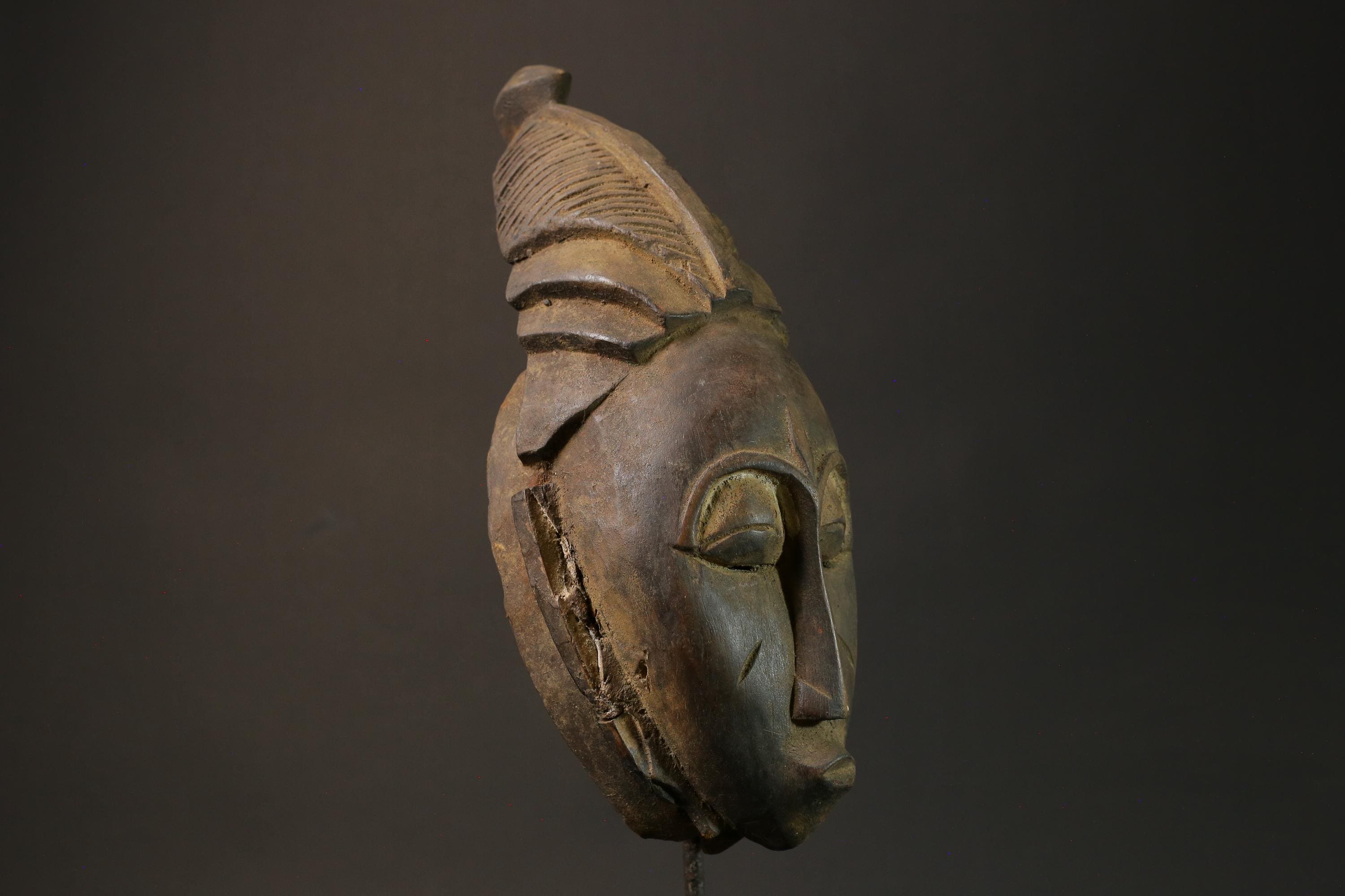 African Mask Baule Antiques Tribal Art Face Vintage Wood Carved Vintage -7590