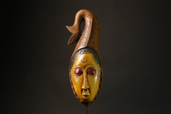 Vintage African Guro Mask - Hand-Carved Wooden Wall Hanging with Fish Tail-G3116