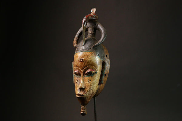 Antique African Baule Mask-Vintage Hand-Carved Wood Wall Hanging with Bird-G3117