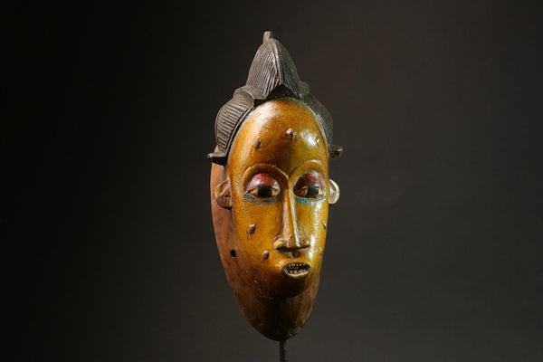 African Yellow Carved Wood Baule Mask - Wall Hanging Art for Home Decor-G3118