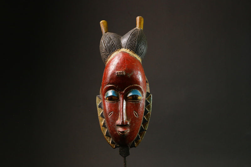 African Red Carved Wood Baule Mask-Wall Hanging Art with Unique Hair Style-G3119