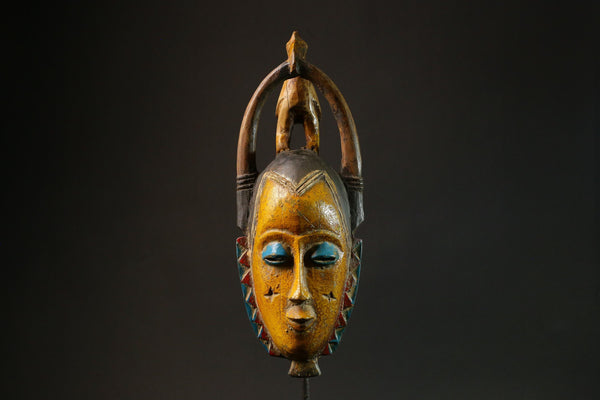 African Yellow Carved Wood Baule Mask - Wall Hanging Decor with Water Bird-G3120