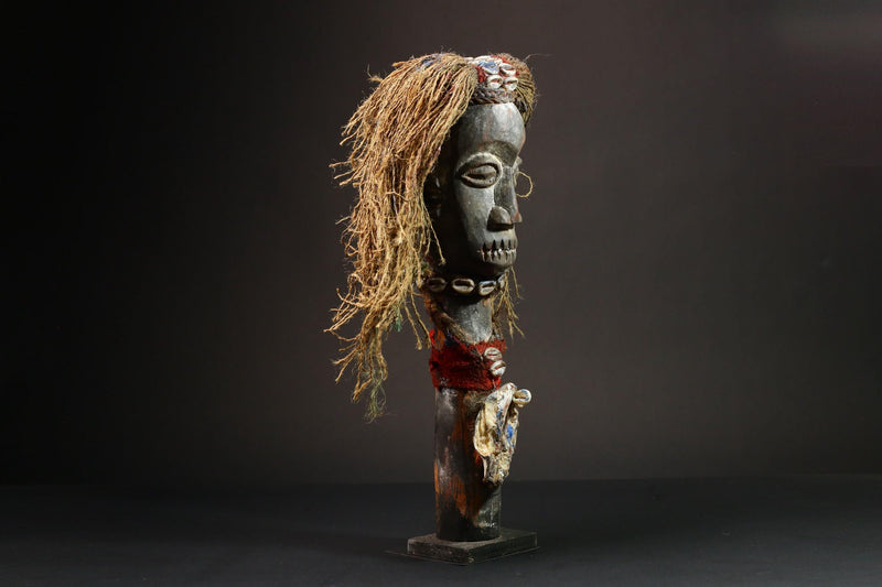 African Nkisi Nkishi Carved Ritual Figure Unique Wooden Doll with Metal Face Fetish Primitive Art Authentic Home Decor -G3125