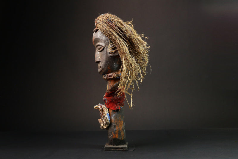 African Nkisi Nkishi Carved Ritual Figure Unique Wooden Doll with Metal Face Fetish Primitive Art Authentic Home Decor -G3125