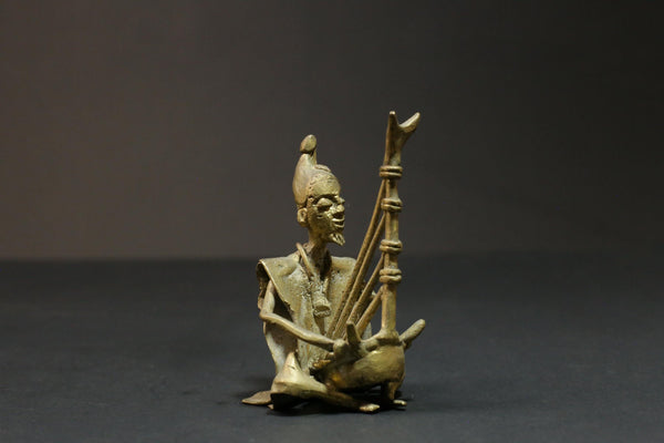 African brass statue Musician Kora Player benin bronze tribal Gold colored-G2872