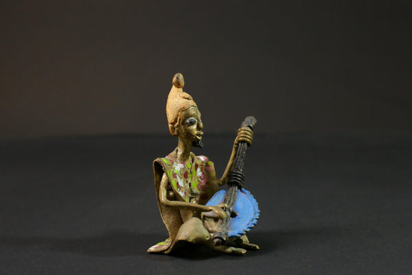 African brass statue Musician Kora Player benin bronze tribal Gold colored-G2891