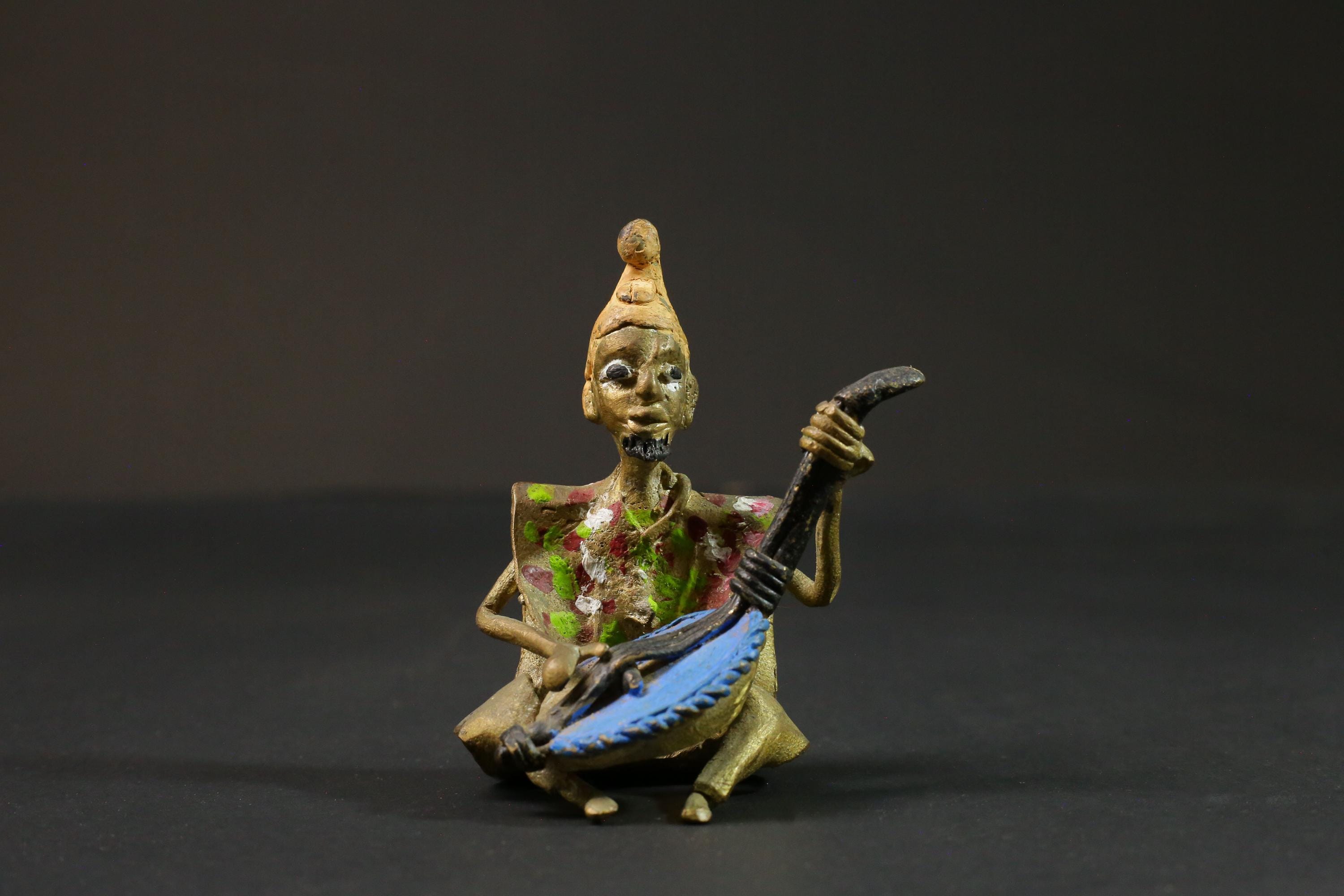 African brass statue Musician Kora Player benin bronze tribal Gold colored-G2891