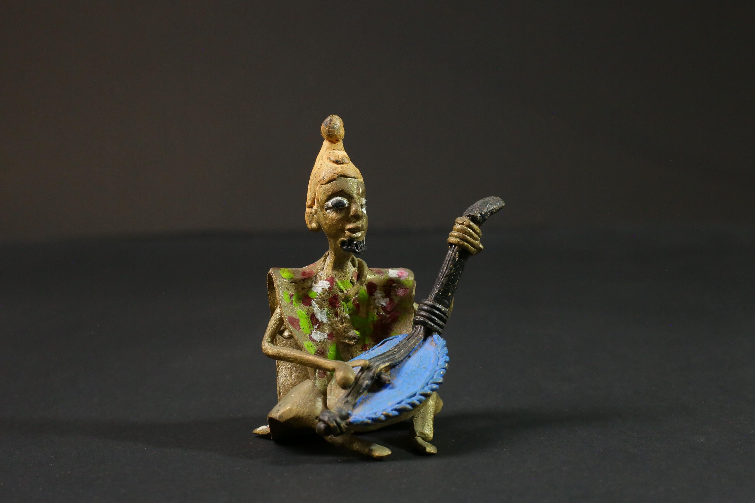 African brass statue Musician Kora Player benin bronze tribal Gold colored-G2891