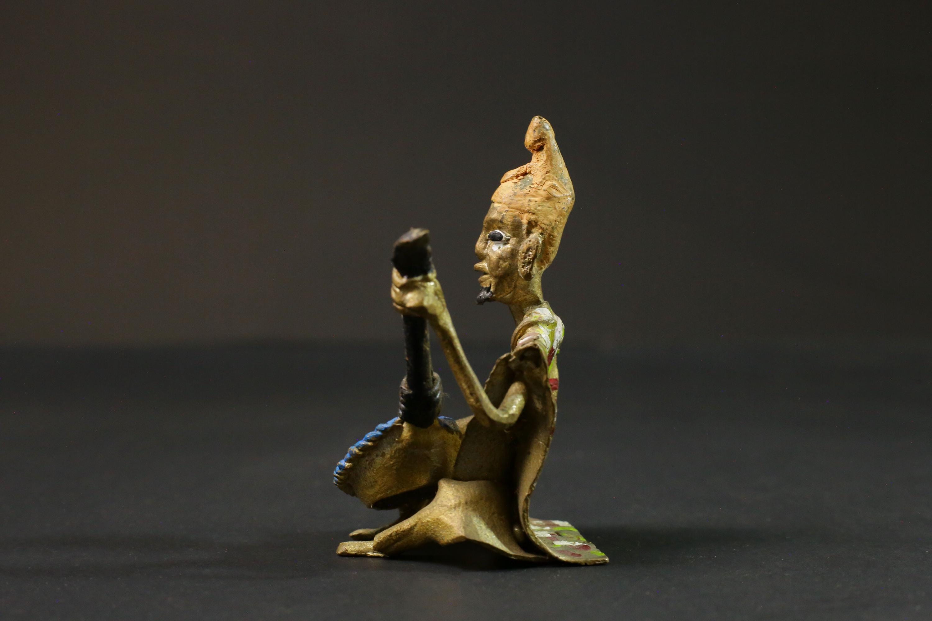 African brass statue Musician Kora Player benin bronze tribal Gold colored-G2891