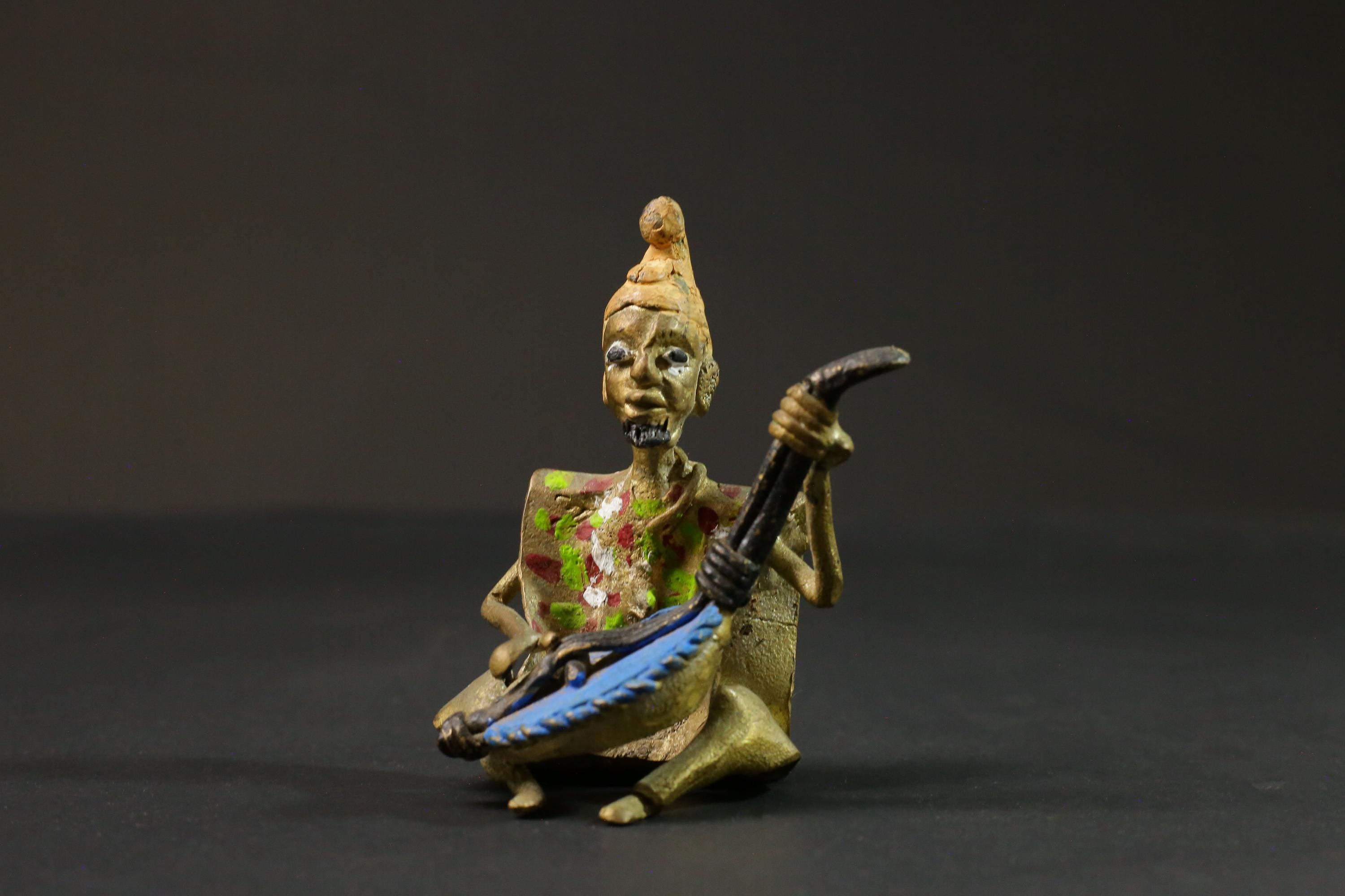 African brass statue Musician Kora Player benin bronze tribal Gold colored-G2891