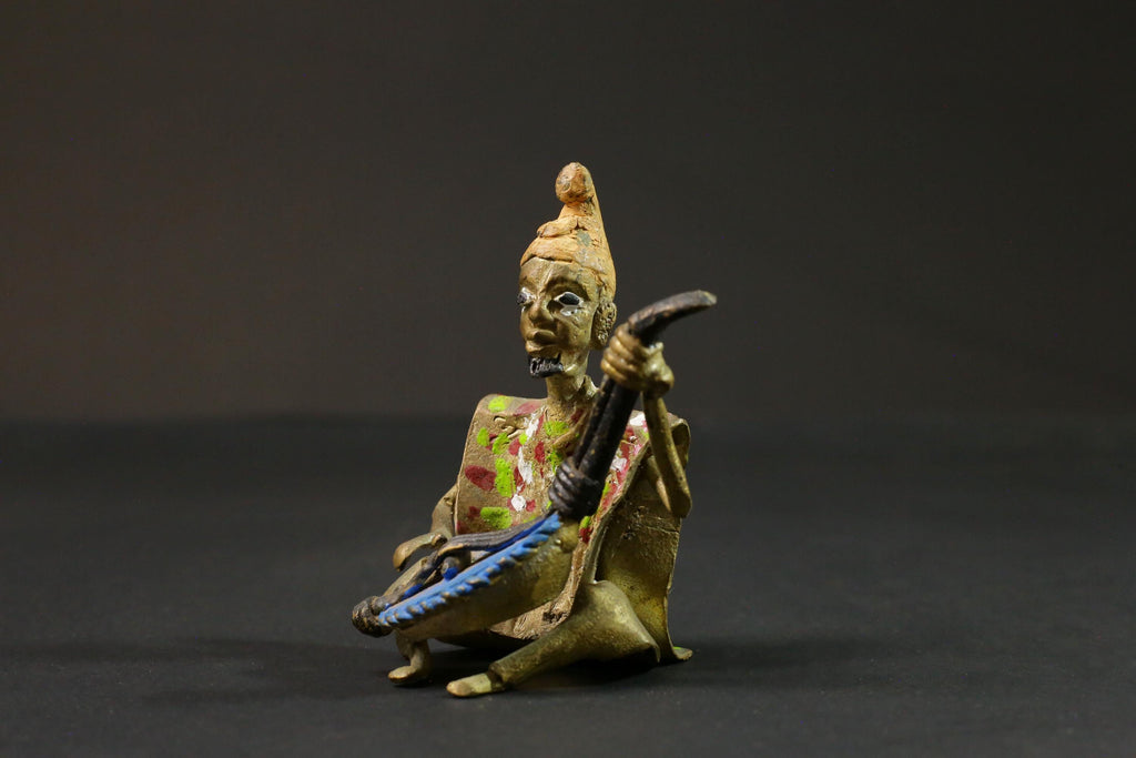 African brass statue Musician Kora Player benin bronze tribal Gold colored-G2891