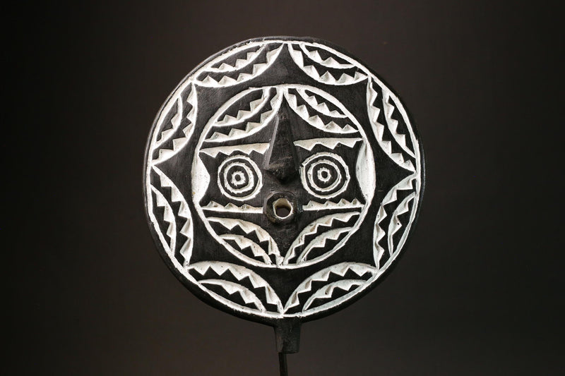 African Bobo Bwa Sun Mask Unique Black and White Tribal Wall Hanging Decor Handcrafted Art Piece for Home Decor Cultural Accent-G3145