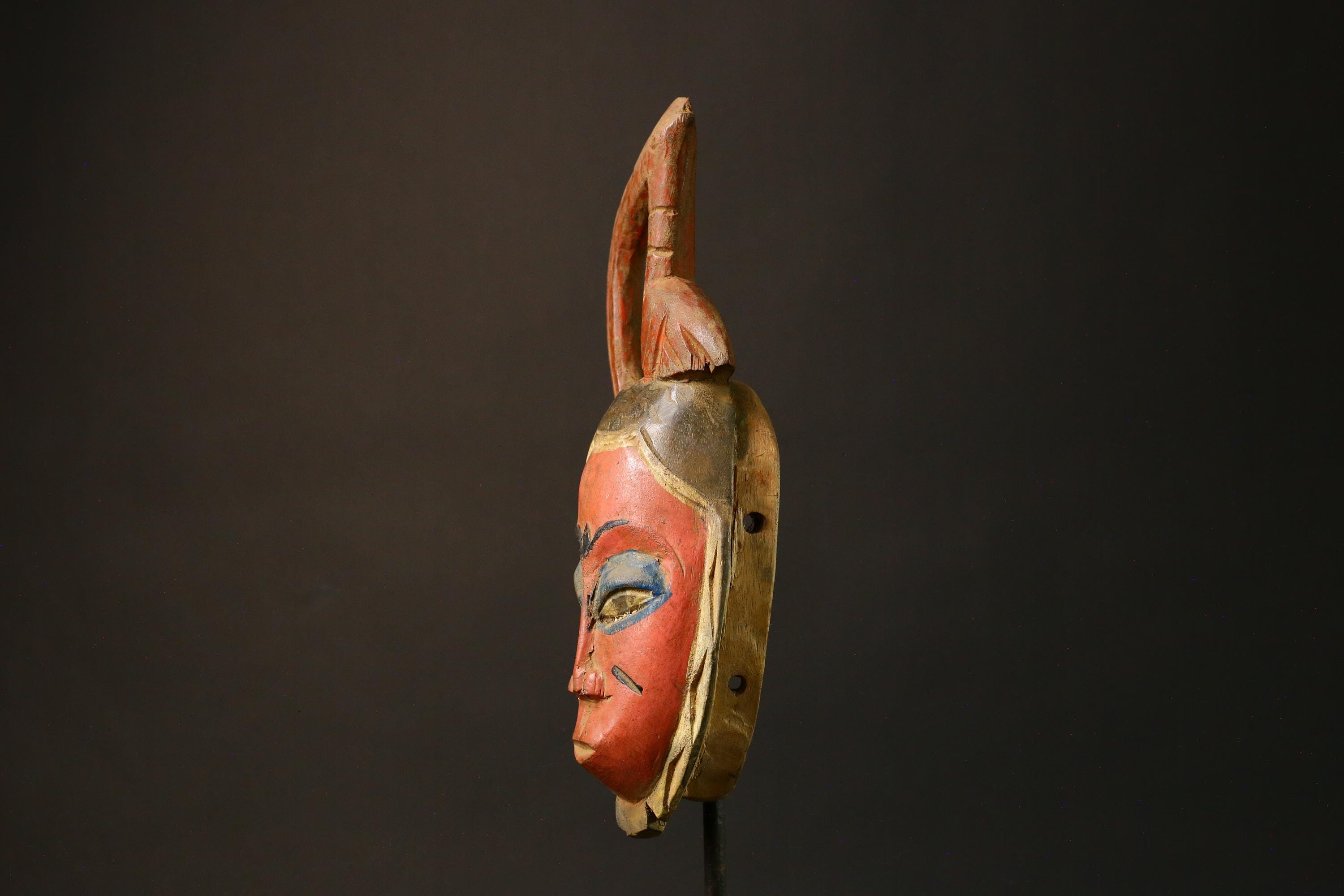 African Authentic Tribal Face Mask Hand-Carved Wooden Baule Style from Akan Peoples Unique Home Decor Piece - 9198