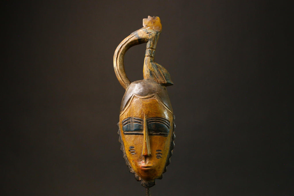 African Authentic Baule Tribal Face Mask - Hand-Carved Wooden Mask from Akan Peoples - Unique Wall Decor Art Piece Masks for wall- 9200